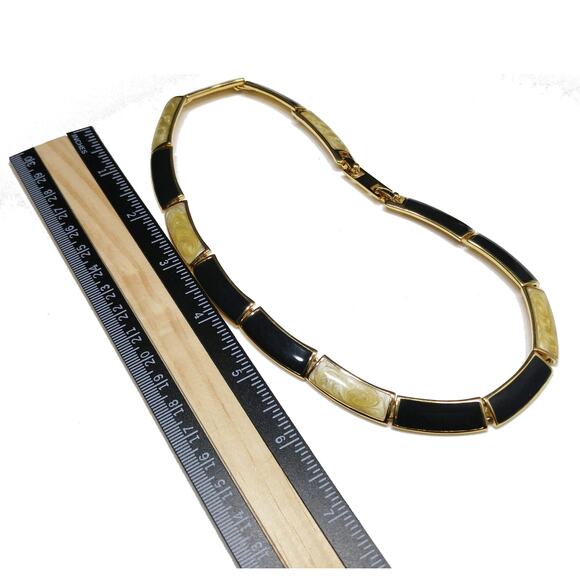 Vintage Monet Black & Cream Enamel Necklace, Gold Plated, 1980s - Picture 9 of 10